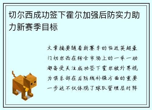 切尔西成功签下霍尔加强后防实力助力新赛季目标