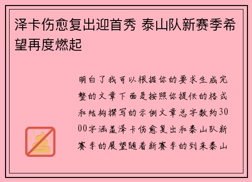 泽卡伤愈复出迎首秀 泰山队新赛季希望再度燃起